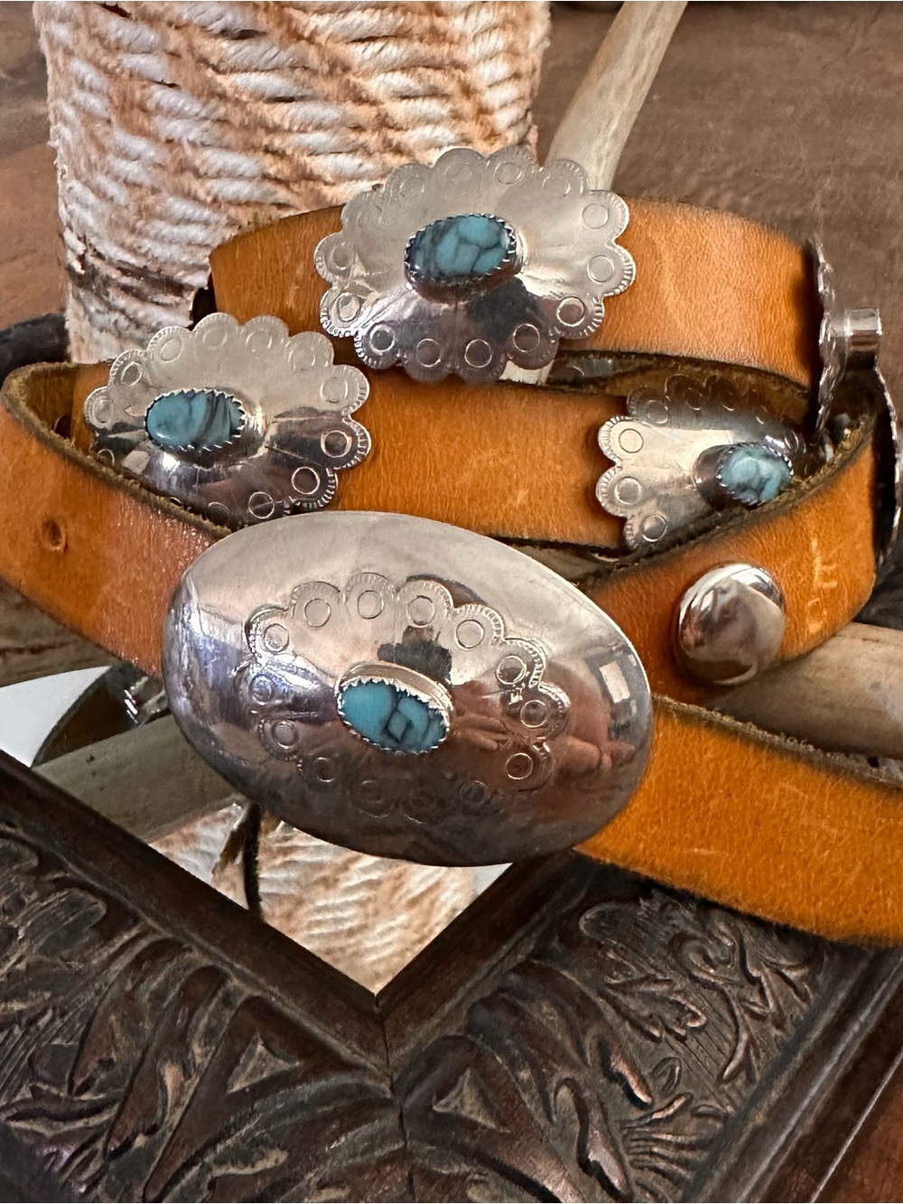 Retro Vintage Nickel Silver Turquoise Concho Leather Belt Stamped BC